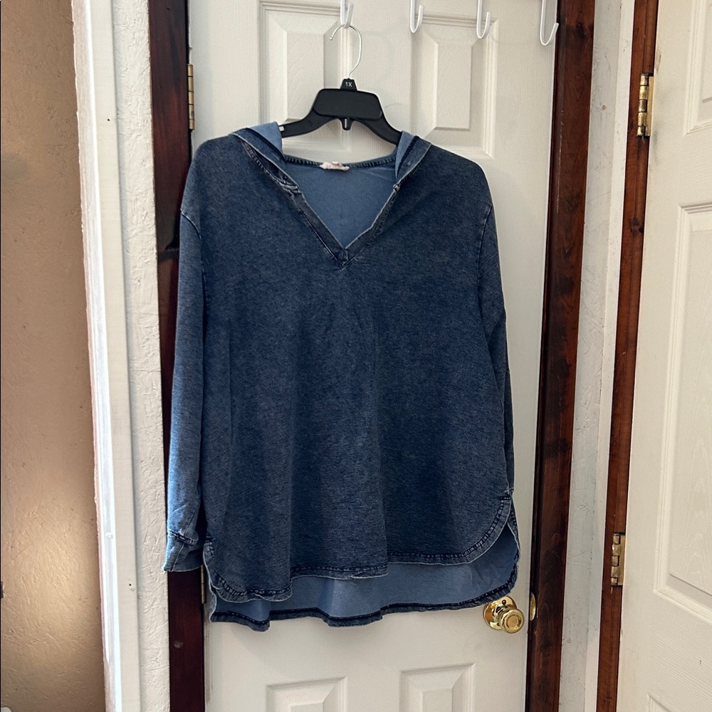 Jane and Delancey Blue stretch denim hooded top